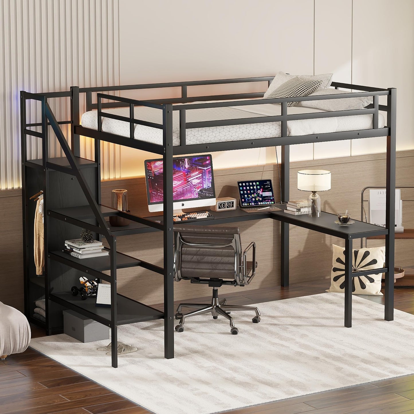 Linique Full-Size Gaming Loft Bed with Desk, LED Lights, and Wardrobe in Black - WoodArtSupply