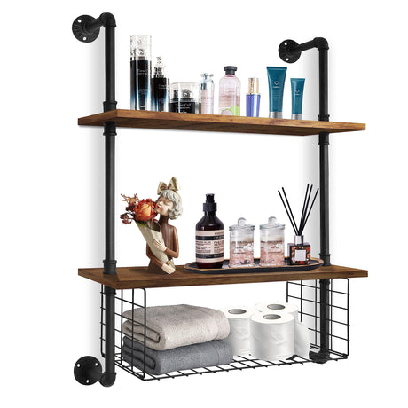 GILPWA Industrial Pipe Shelving 2 Tiers 24in Bathroom Floating Shelves Wall Mounted with Paper Storage Basket Retro Wood Floating Shelf Sundries Holder for Home Decor Livingroom Bedroom GILPWA