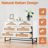Mericonia 6 Drawer Double Dresser for Bedroom, Rattan Chest of Dressers, Modern Wooden Dresser Chest with Golden Handles for Bedroom,Living Room, Hallway and Entryway Mericonia