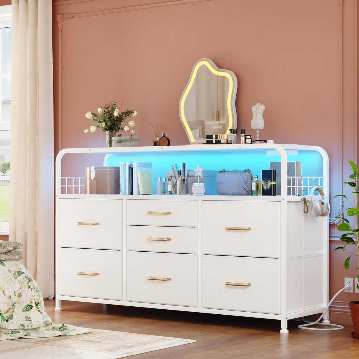 EnHomee White Dresser for Bedroom with LED Lights & Charging Station, 7 Drawer Dresser with Open Shelf, Fabric Bedroom Dressers & Chest of Drawers for Closet, Entryway, Hallway, 4 Hooks EnHomee