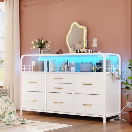 EnHomee White Dresser for Bedroom with LED Lights & Charging Station, 7 Drawer Dresser with Open Shelf, Fabric Bedroom Dressers & Chest of Drawers for Closet, Entryway, Hallway, 4 Hooks EnHomee