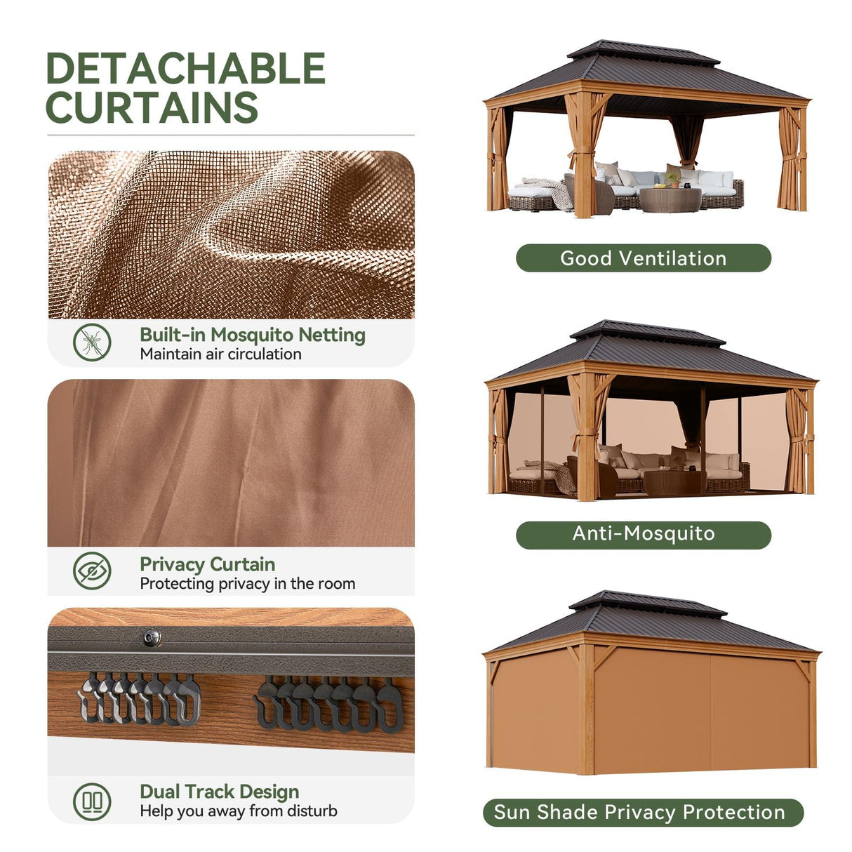 Aoxun Hardtop Gazebo, 12 x 16ft Wooden Finish Coated Aluminum Frame Canopy, Galvanized Steel Double Top, Outdoor Permanent Metal Pavilion with Curtains and Netting, for Backyard, Patio and Deck Aoxun