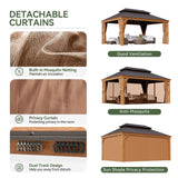 Aoxun Hardtop Gazebo, 12 x 16ft Wooden Finish Coated Aluminum Frame Canopy, Galvanized Steel Double Top, Outdoor Permanent Metal Pavilion with Curtains and Netting, for Backyard, Patio and Deck Aoxun