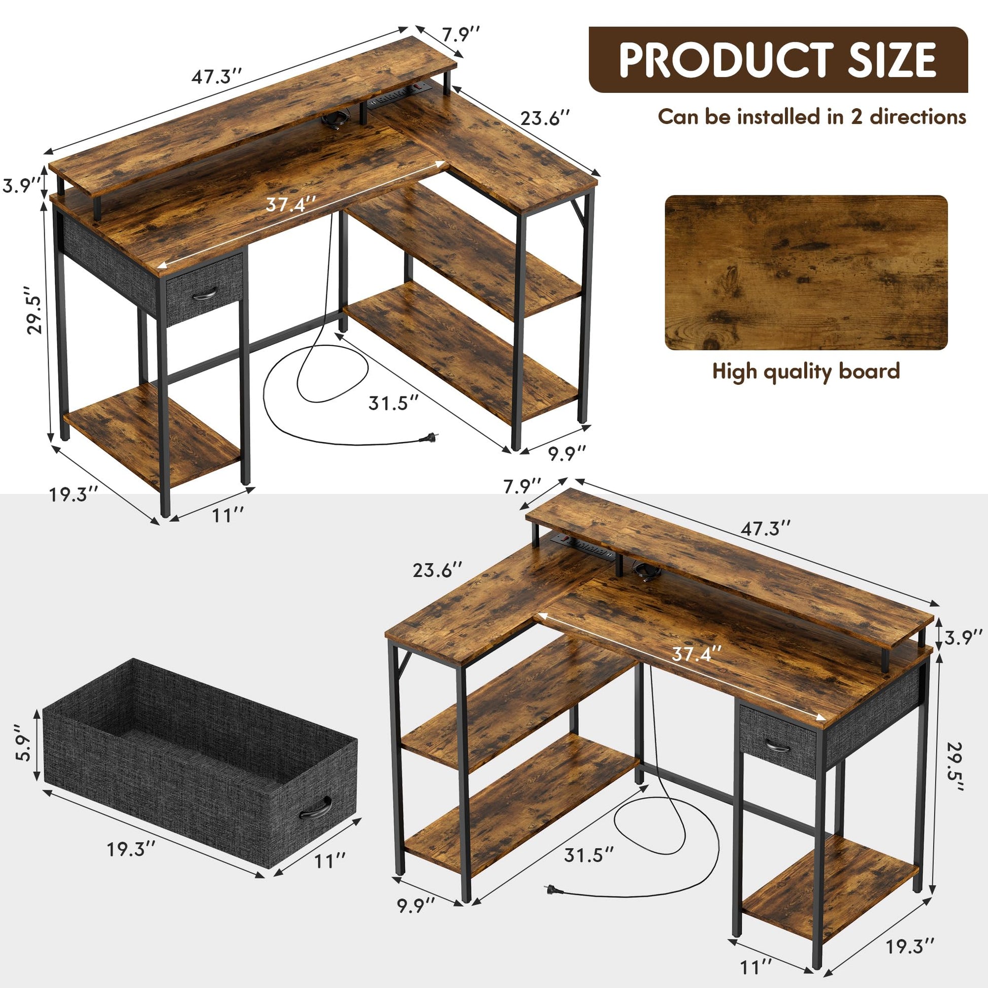 Homall L Shaped Gaming Desk with LED Lights&Power Outlets, 47'' Reversible Computer Corner Table with Shelves&Monitor Stand, Home Office(Rustic Brown) - WoodArtSupply