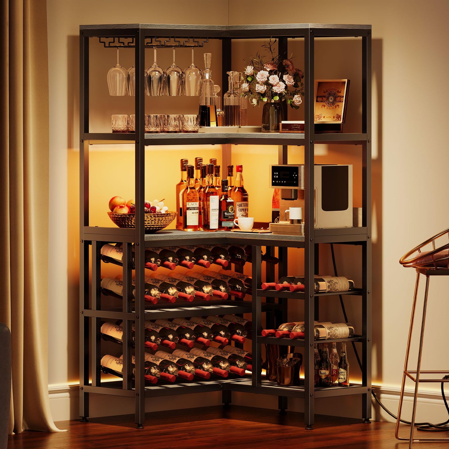 YITAHOME Large Corner Wine Rack, 63'' Corner Bar Cabinet with Power Outlet and LED Light, 5-Tier L Shaped Industrial Liquor Cabinet w/Glass Holder, Corner Open Display Cabinet for Home, Dark  - WoodArtSupply