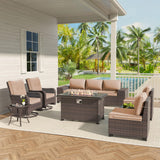 Gotland 10 Pieces Outdoor Patio Furniture Set with 2 Swivel Rocking Chairs&55,000 BTU Gas Fire Pit Table w/Glass Wind Guard Patio Conversation Sectional Sofa Sets-Khaki Gotland