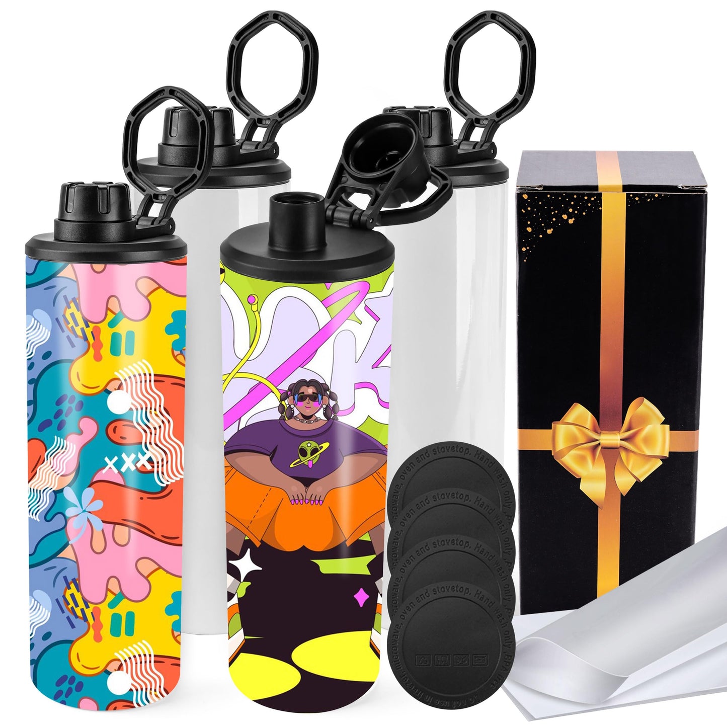 Joyclub 4 Pack Sublimation Water Bottle Blanks 20 oz Sublimation Tumblers with Handle Sports Skinny Insulated Tumblers Bulk