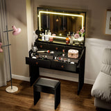COMHOMA Makeup Vanity Desk with Mirror and Lights, Vanity Table and Chair Set with 5 Drawers and Charging Station, Bedroom Dresser LED Mirror Stepless Dimmable & 3 Color Modes Adjustable, Black COMHOMA