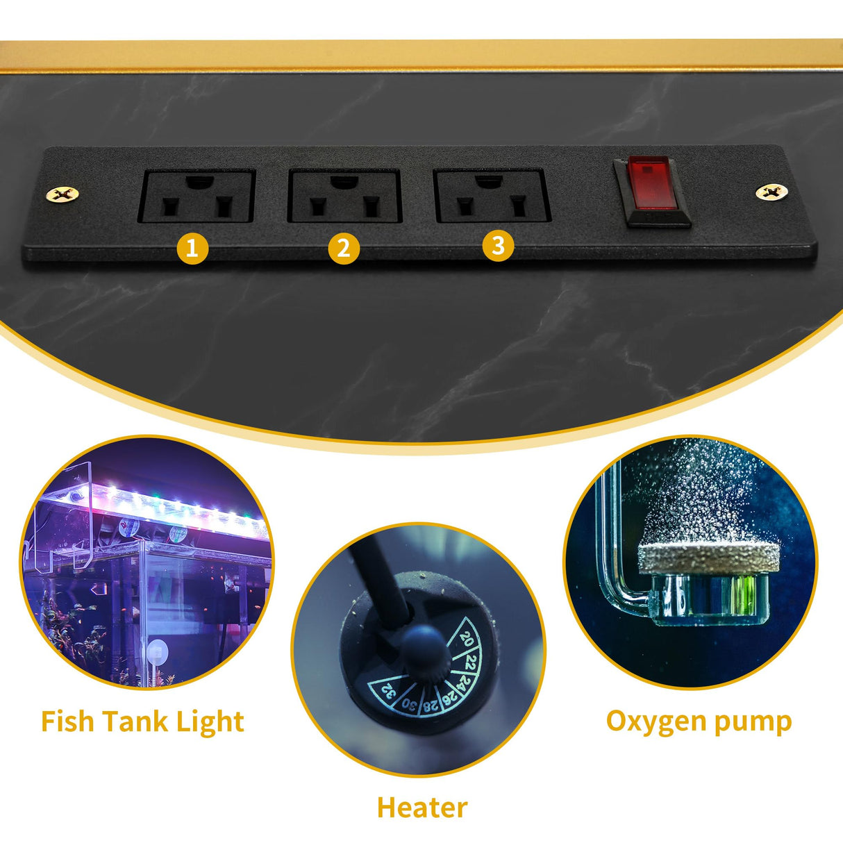 DWVO 55-75 Gallon Aquarium Stand with Power Outlet, Display Stand for Turtle Tank, Reptile Terrarium, Metal Fish Tank Stand Suitable for Living Room, Entryway, 860LBS Capacity, Black & Gold DWVO