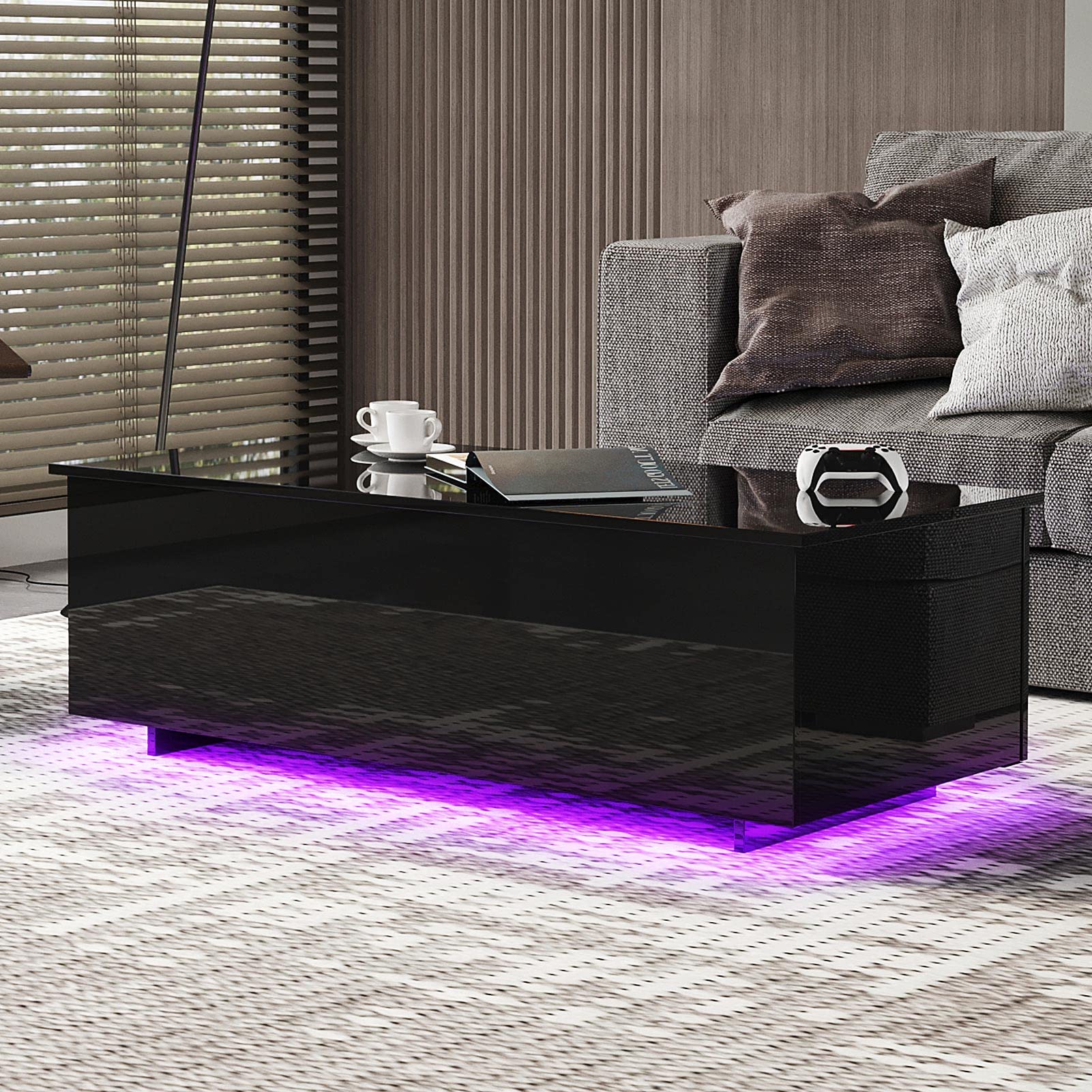 Led Coffee Tables for Living Room - High Gloss Table with Led Lights, 20 Colors Controlled by Remote or App, 47'' Lift Top Coffee Table with Storage Hidden Compartment, Black - WoodArtSupply