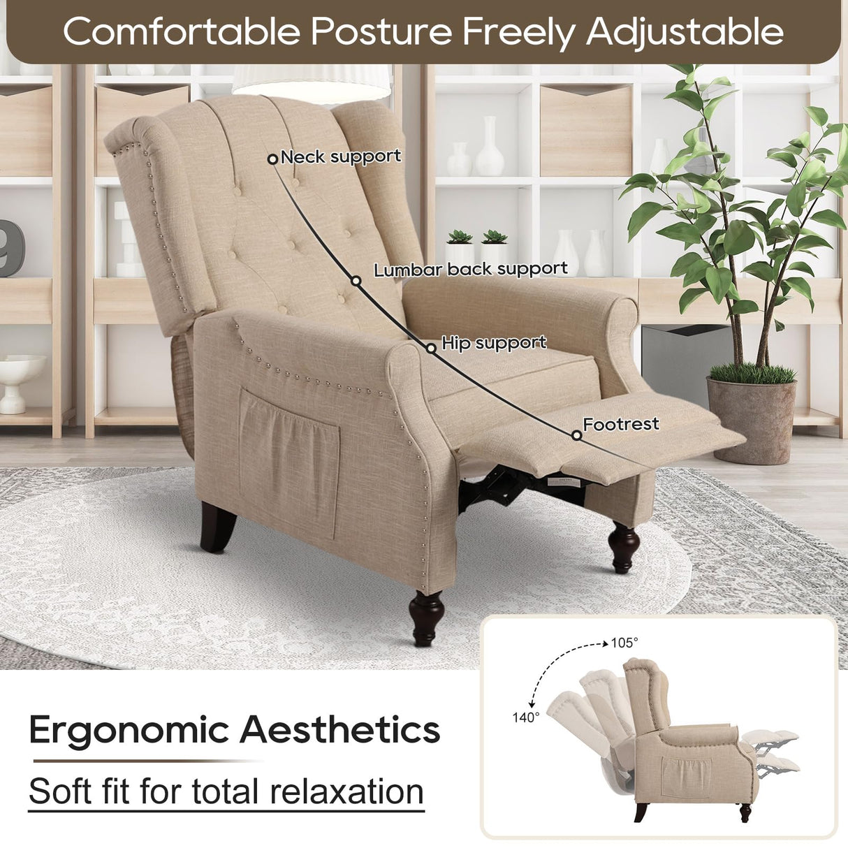 PALLOME Wingback Recliner Chair with Massage and Heat Tufted Fabric Push Back Arm Chair, Recliner Chair for Living Room Bedroom Home Theater (2,Beige) PALLOME