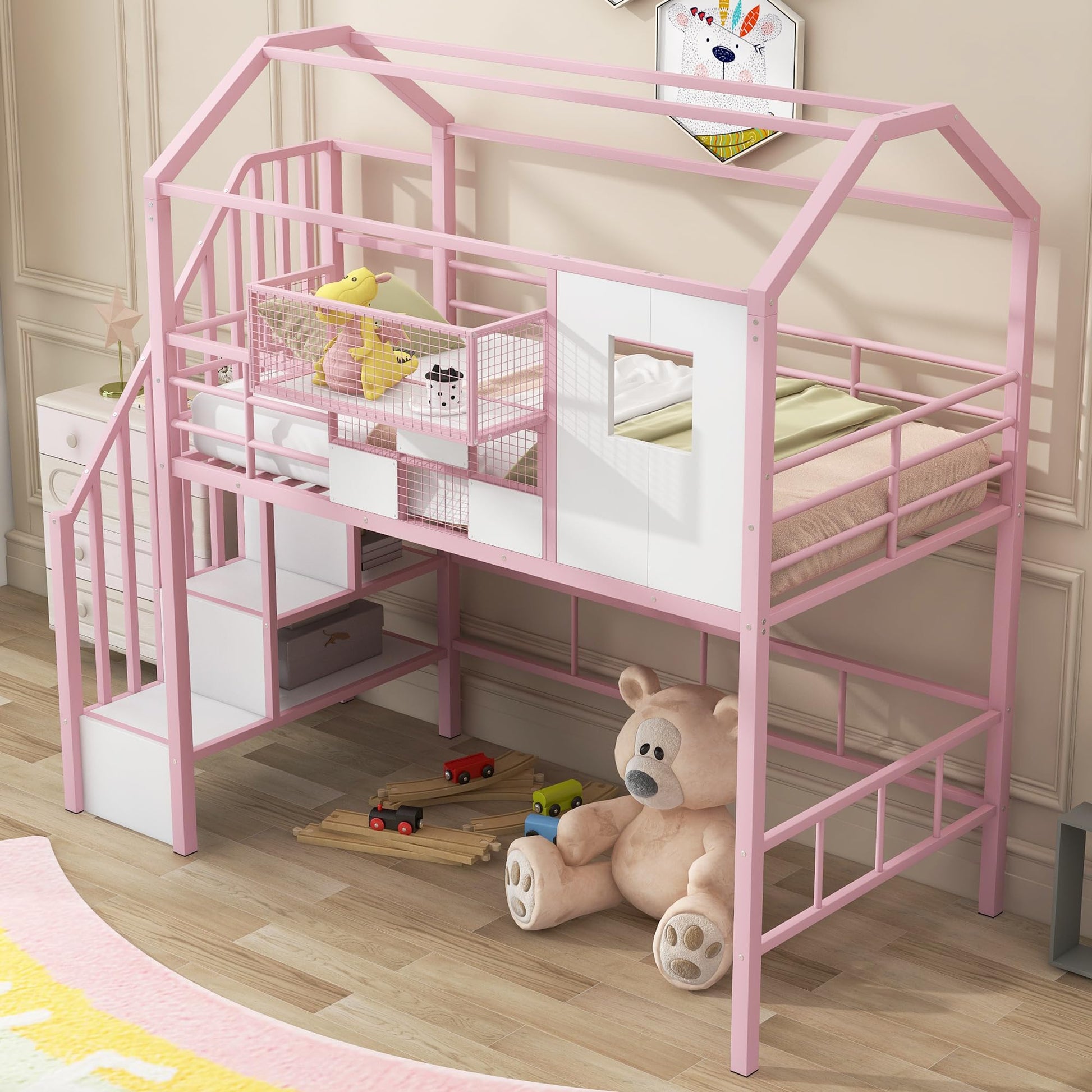 Twin Loft Bed with Storage Stairs and Guardrails in Pink, House-Style Design by Bellemave - WoodArtSupply