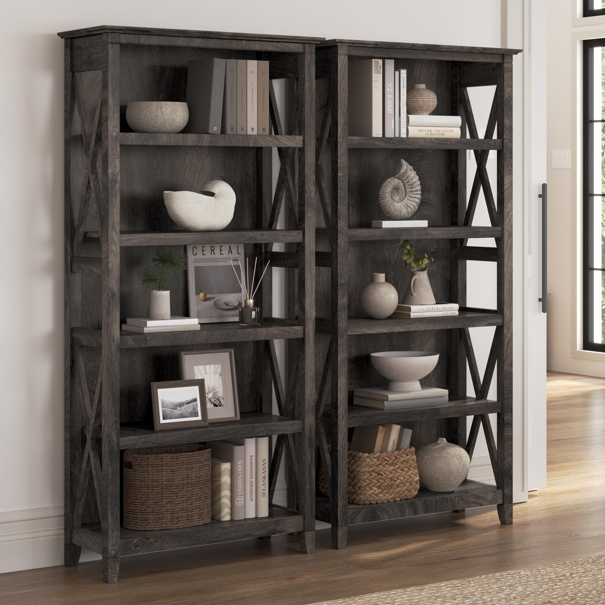 Bush Business Furniture Key West Tall 5 Shelf Bookcase Set in Dark Gray Hickory - Stylish Storage Solution for Any Space Bush Business Furniture