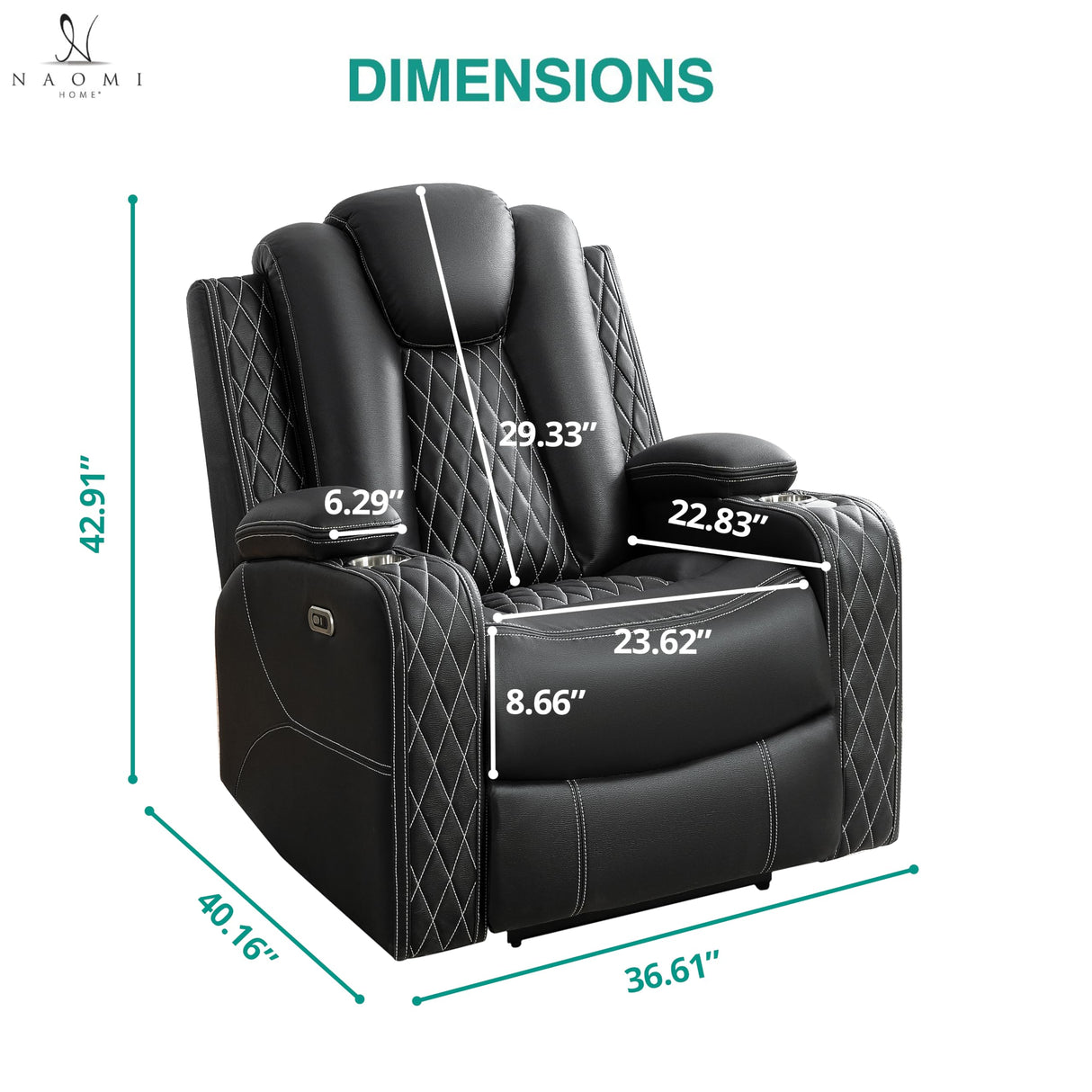 Naomi Home Chicago Recliner Chair in Black Air Leather – Modern Faux Leather Reclining Chair with Padded Armrests, Tufted Backrest, Push Back Mechanism – Living Room or Home Theater Seating Naomi Home