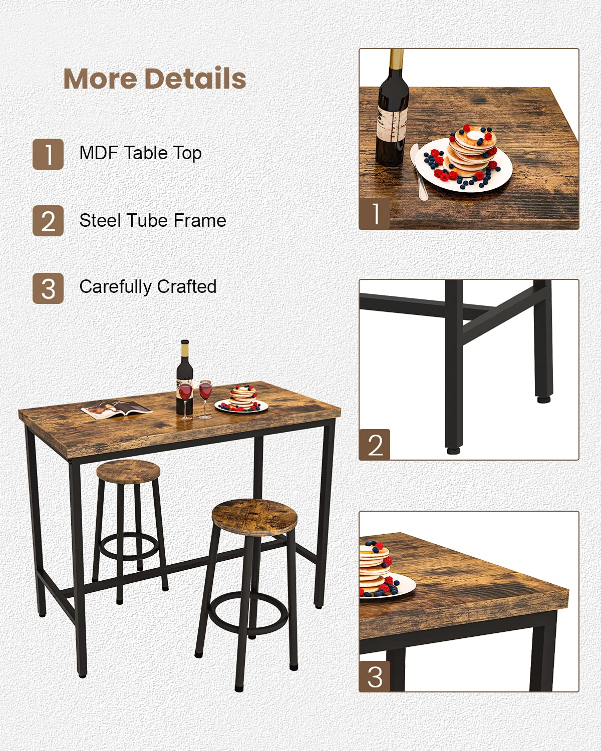 Recaceik 3 Piece Rustic Brown Pub Dining Set with Bar Table and Stools for Small Spaces - WoodArtSupply