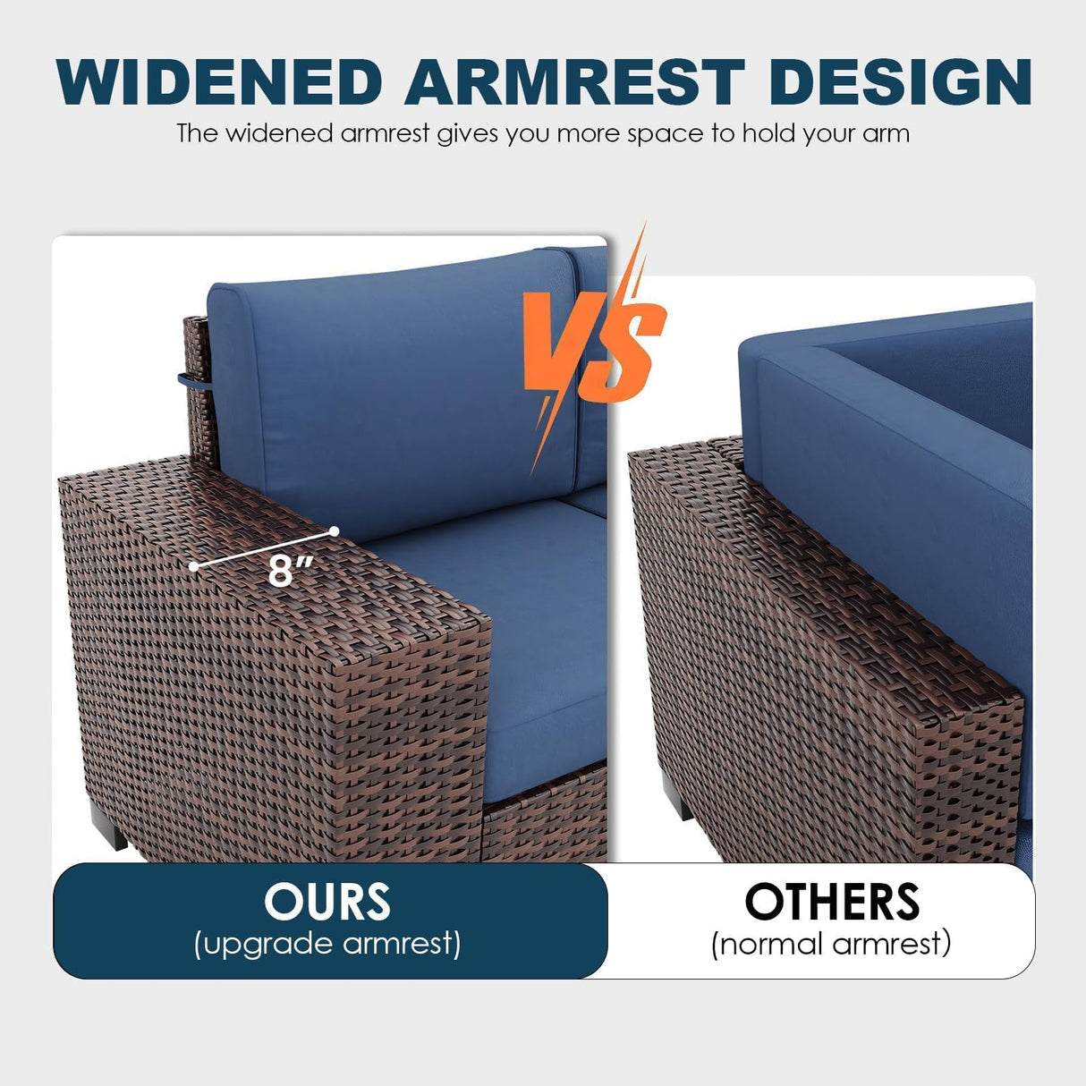 VONZOY 5 Piece Patio Furniture Set with Fire Pit Table, Wide Armrest Modular Outdoor Conversation Sets Brown PE Wicker Rattan Sectional Sofa, 4'' Thickened Cushion Navy Blue VONZOY