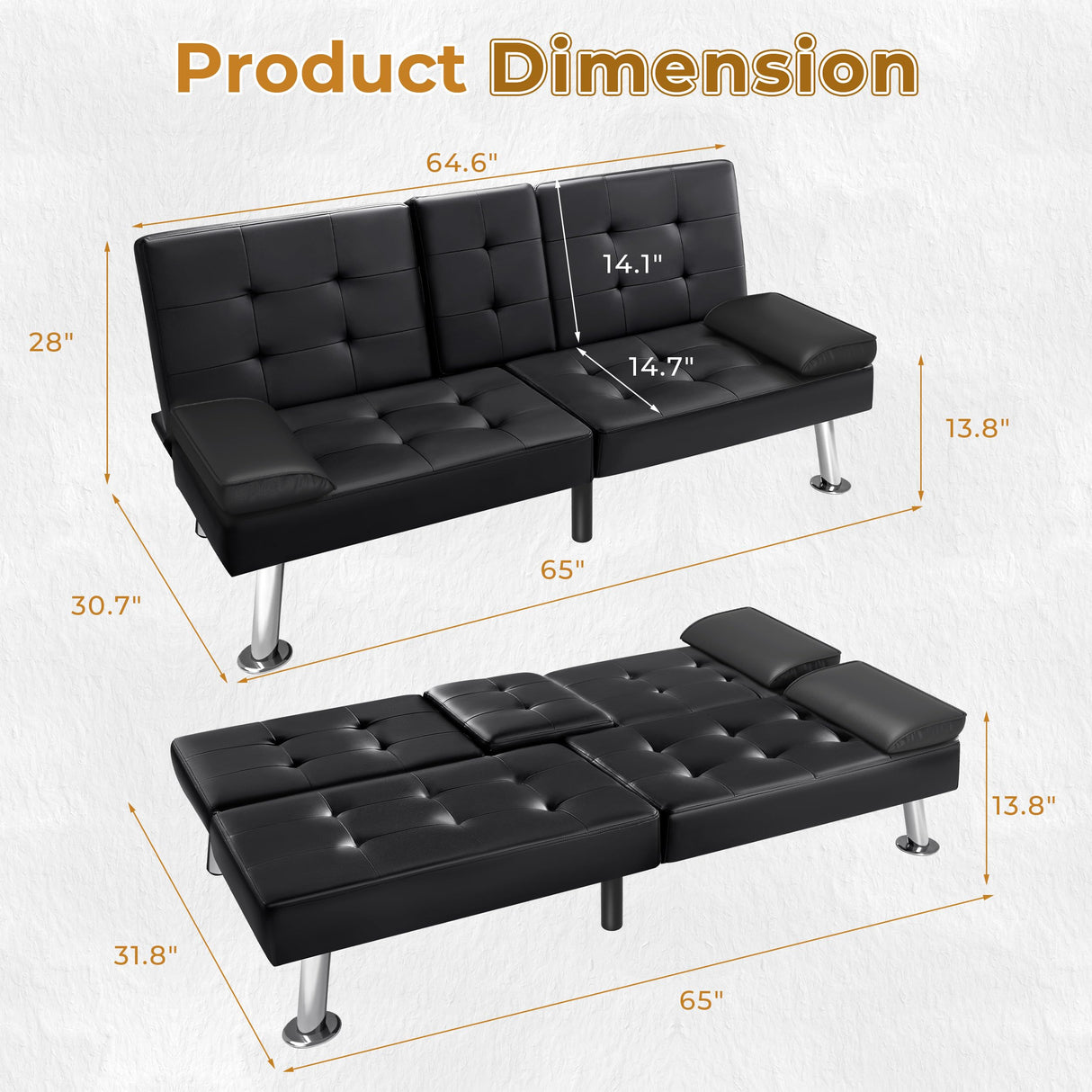 VICTONE Futon Sofa Bed Modern Faux Leather Couch Bed Convertible Folding Recliner for Living Room with 2 Cup Holders and Armrest (Black) VICTONE