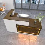 60″/71″ Modern Desk with Counter and Drawers, L Shaped Reception Desk with LED Lights, Made of Multi-Layer Solid Wood，Suitable for Lobby, Salon, Retail, Corporate Hall (Walnut-Right, 71″) Generic