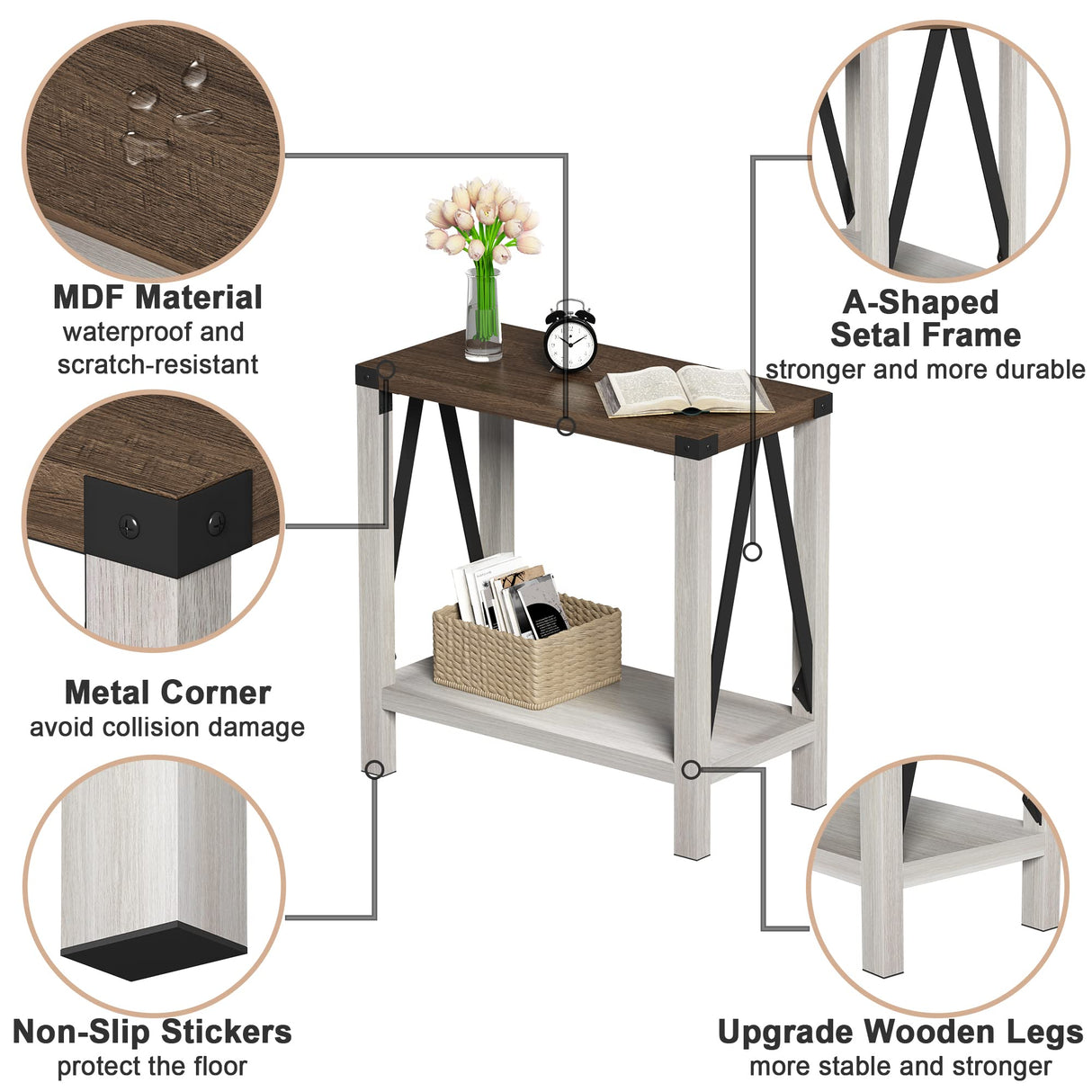 ChooChoo Farmhouse End Table Set of 2, Narrow Side End Table with Storage Shelf, Rustic A-Design Nightstand Sofa Table for Living Room, Bedroom(White&Brown) ChooChoo