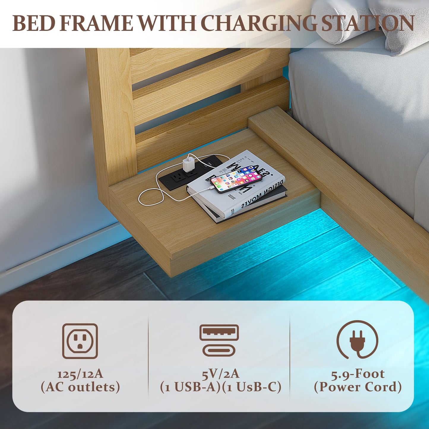 LUXOAK Maple Yellow Farmhouse Full Floating Bed Frame with LED Lighting & Charging Station - WoodArtSupply