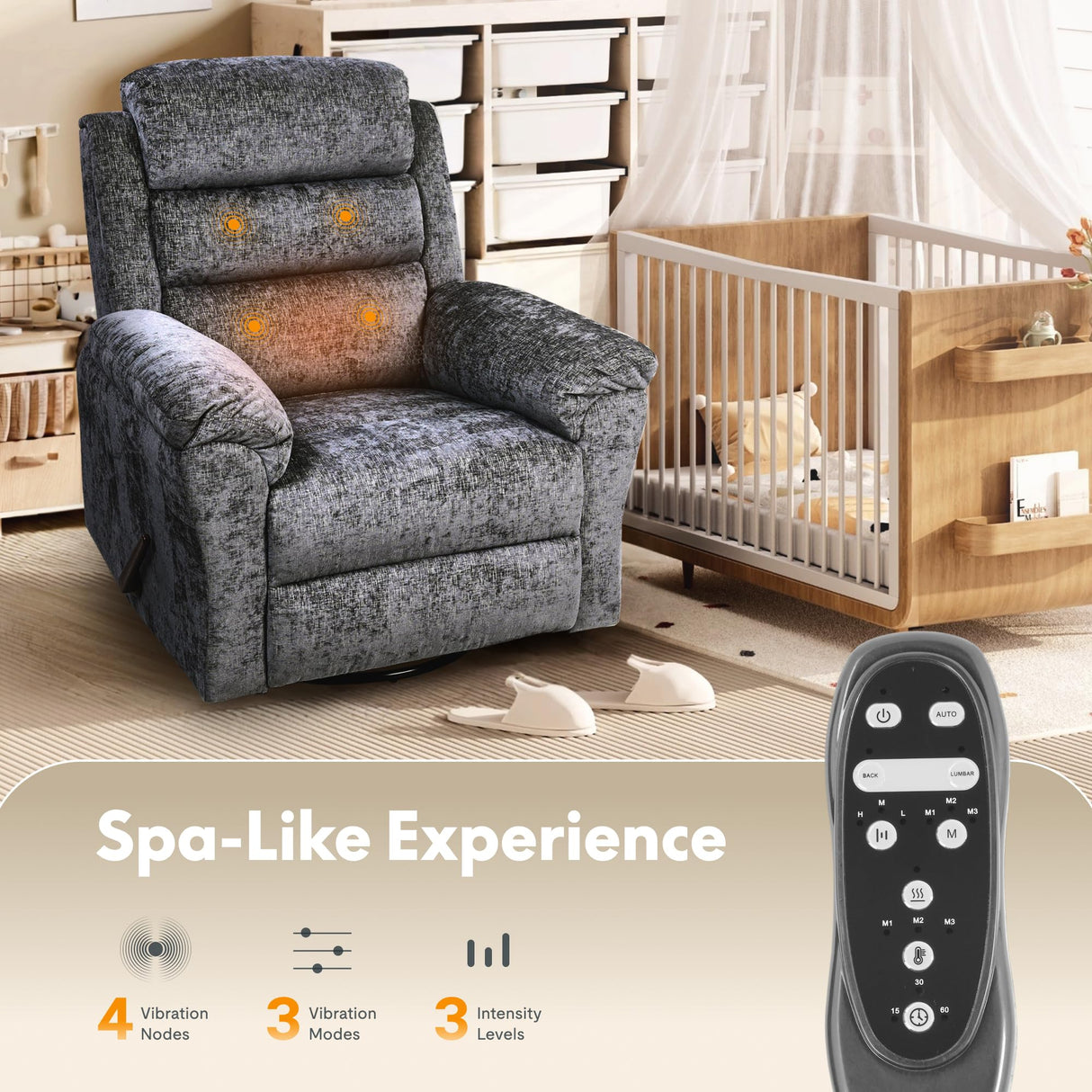 Softa Classic Swivel Rocker Recliner Chair for Adults with Handle, Massage Rocker Recliner, 360° Swivel Glider Nursery Chair with Premium Chenille, High Back, Living Room Bedroom Nursery (Gray) Softa