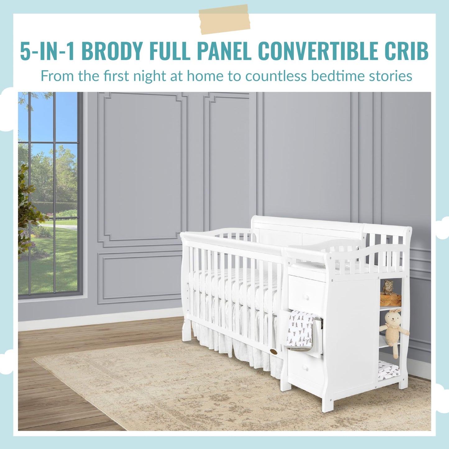 Dream On Me 5-in-1 Brody Full Panel Convertible Crib in White with Changer, Spacious Drawers, Detachable Changing -Table, 1''Changing Pad