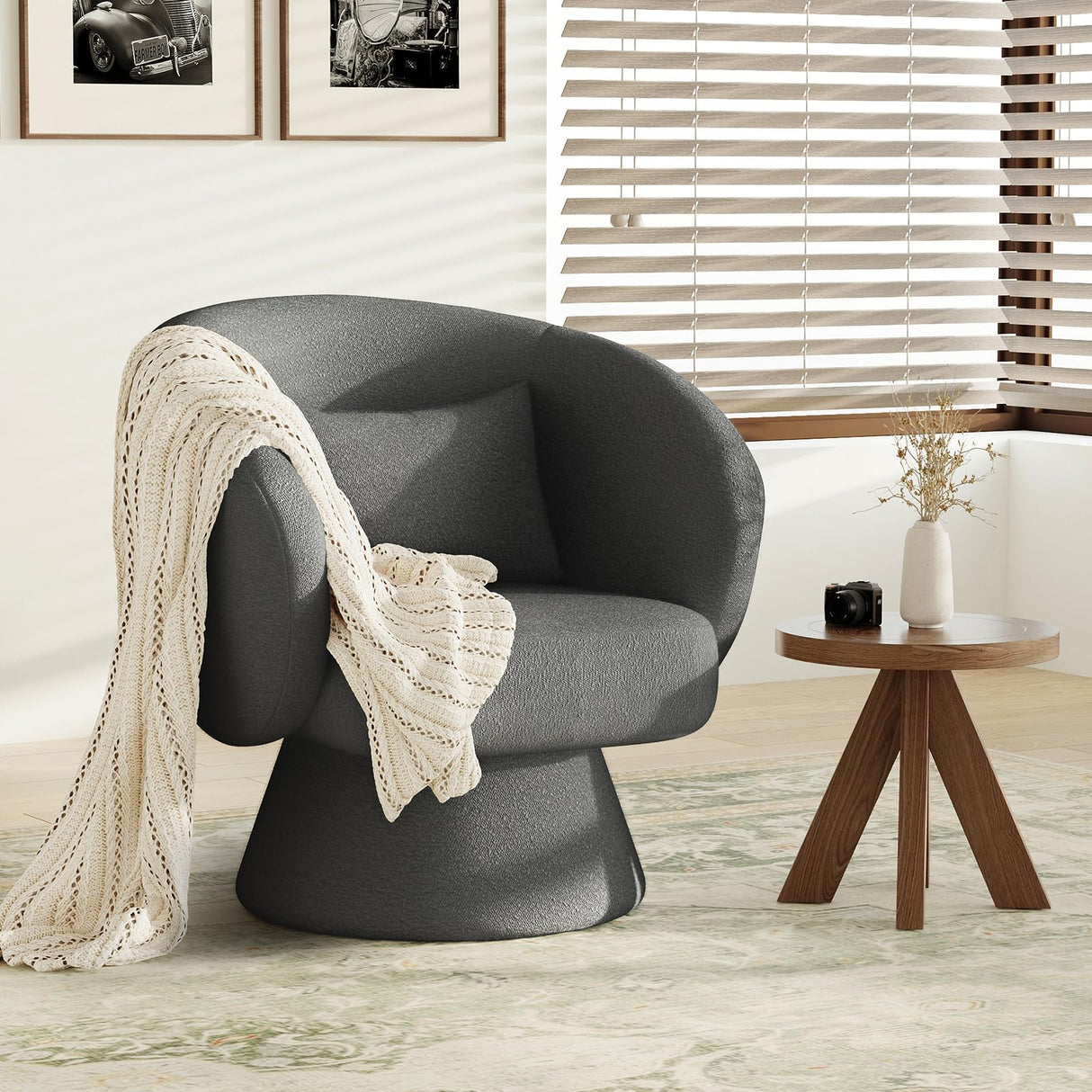 Swivel Accent Chair, Modern Upholstered Barrel Chair with 360° Swivel, Soft Teddy Fabric & Extra Lumbar Pillow, Stylish Round Accent Chair for Living Room, Bedroom, Nursery – Darkgrey,2PC COLAMY