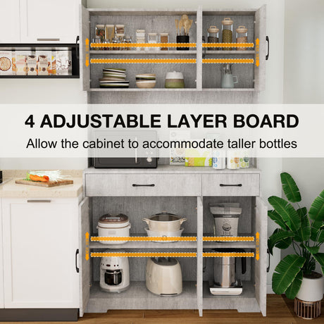 Azaeahom 71" Pantry Cabinet with Charging Station, Kitchen Storage Cabinet with Microwave Stand, 8-Zone Organization, 2 Smooth-Glide Drawers, Open Countertop for Dining, Kitchen, Living Room (Gray) Azaeahom
