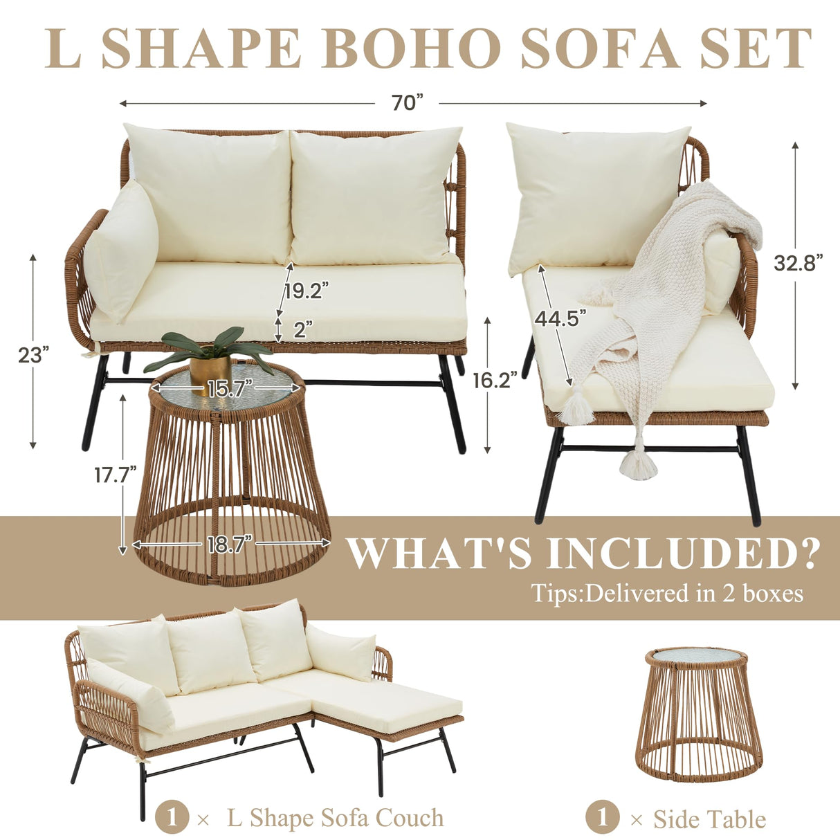 Bezseller 3-Piece Outdoor Patio Furniture Set, L-Shaped Rattan Sectional Sofa with Thick Cushions, Glass Coffee Table – All-Weather Conversation Set for Backyard, Porch, Poolside Bezseller