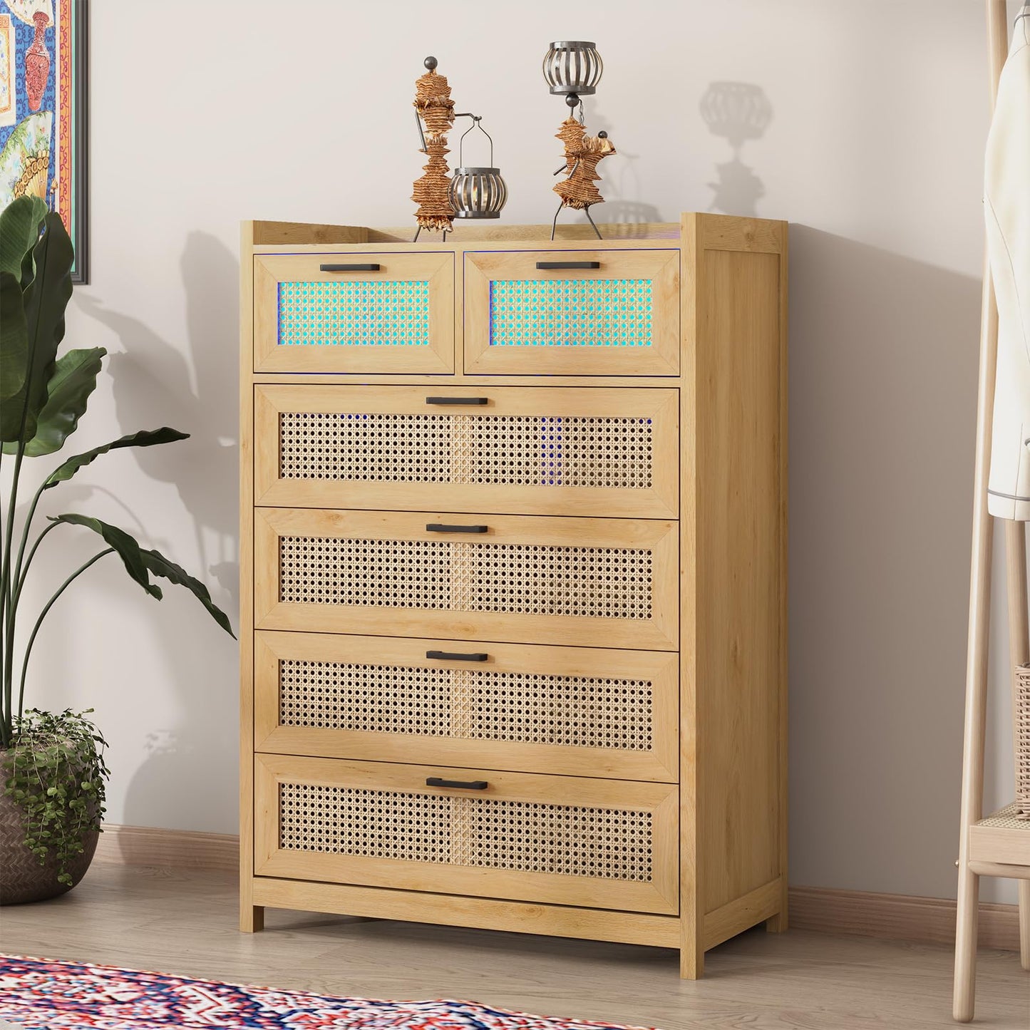 VIAGDO 6 Drawer Dresser for Bedroom, Rattan Chest of Drawers with LED Lights, Wood Storage Dresser Chest with Metal Handle, Modern Dresser for Closet, Bedroom, Living Room, Hallway - WoodArtSupply