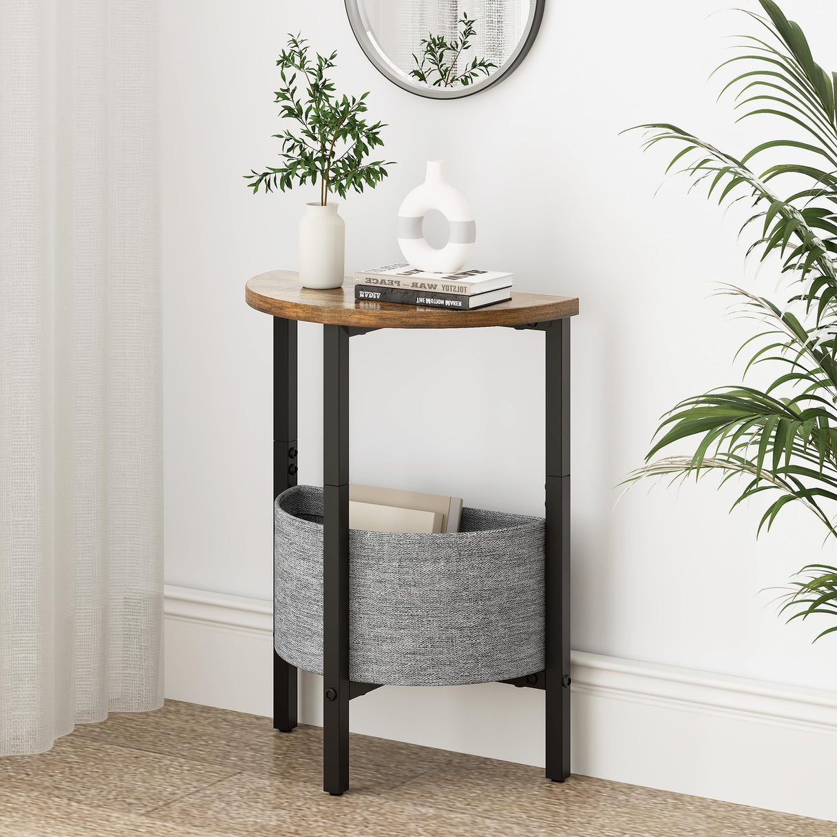 Vagusicc Small Round Side Table, Accent End Table with Storage Basket, Set of 2 Half Round Coffee Table End Table, Half Moon Bedside Table, Modern Nightstand Couch Table for Living Room Bedroom, Brown Vagusicc