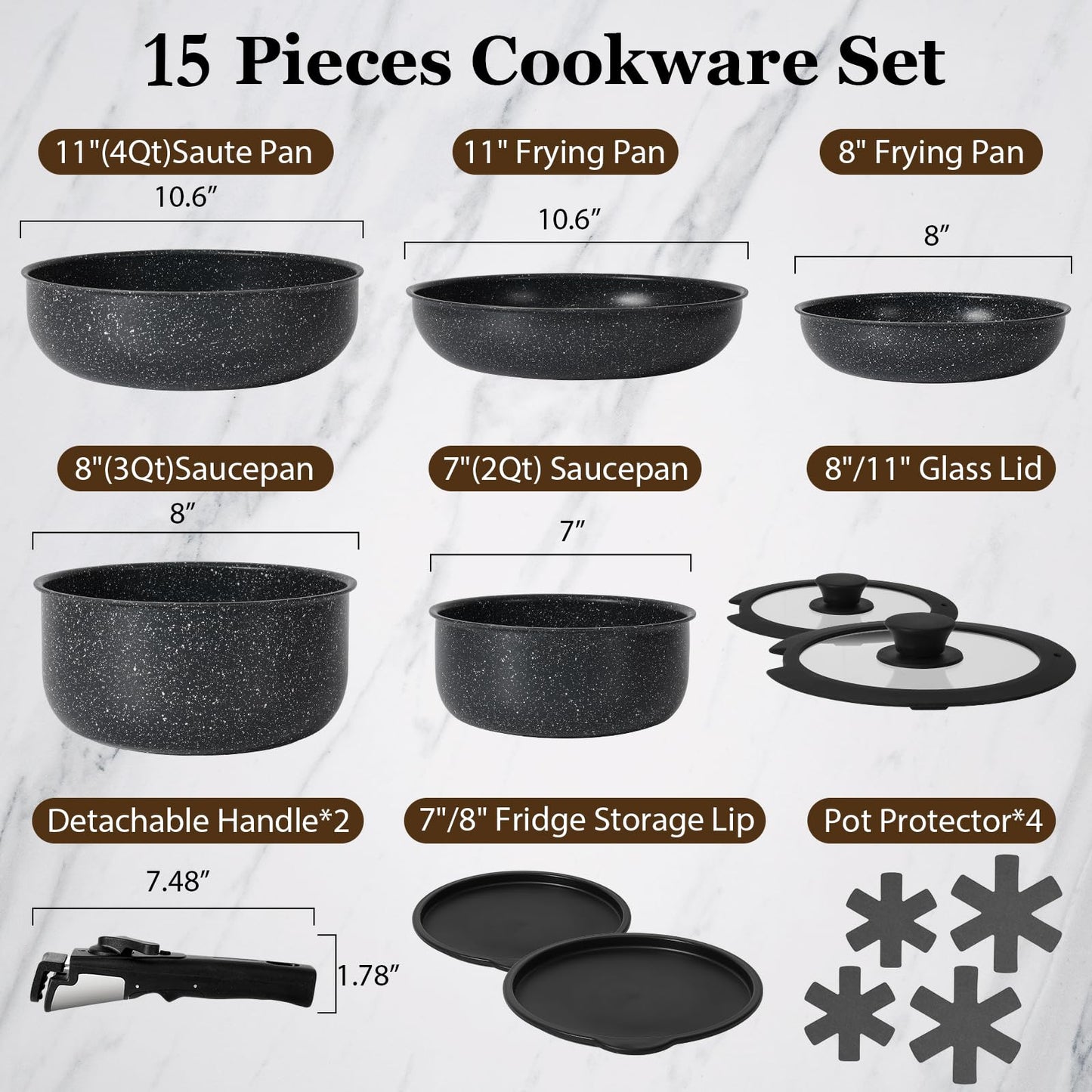 SODAY 15Pcs Pots and Pans Set Non Stick, Cookware Sets with Detachable Handle, Nonstick RV Kitchen Cooking Tools Removable Handles, Oven Safe, Induction Fast, Stackable Induction Cookware,Black