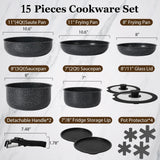 SODAY 15Pcs Pots and Pans Set Non Stick, Cookware Sets with Detachable Handle, Nonstick RV Kitchen Cooking Tools Removable Handles, Oven Safe, Induction Fast, Stackable Induction Cookware,Black SODAY