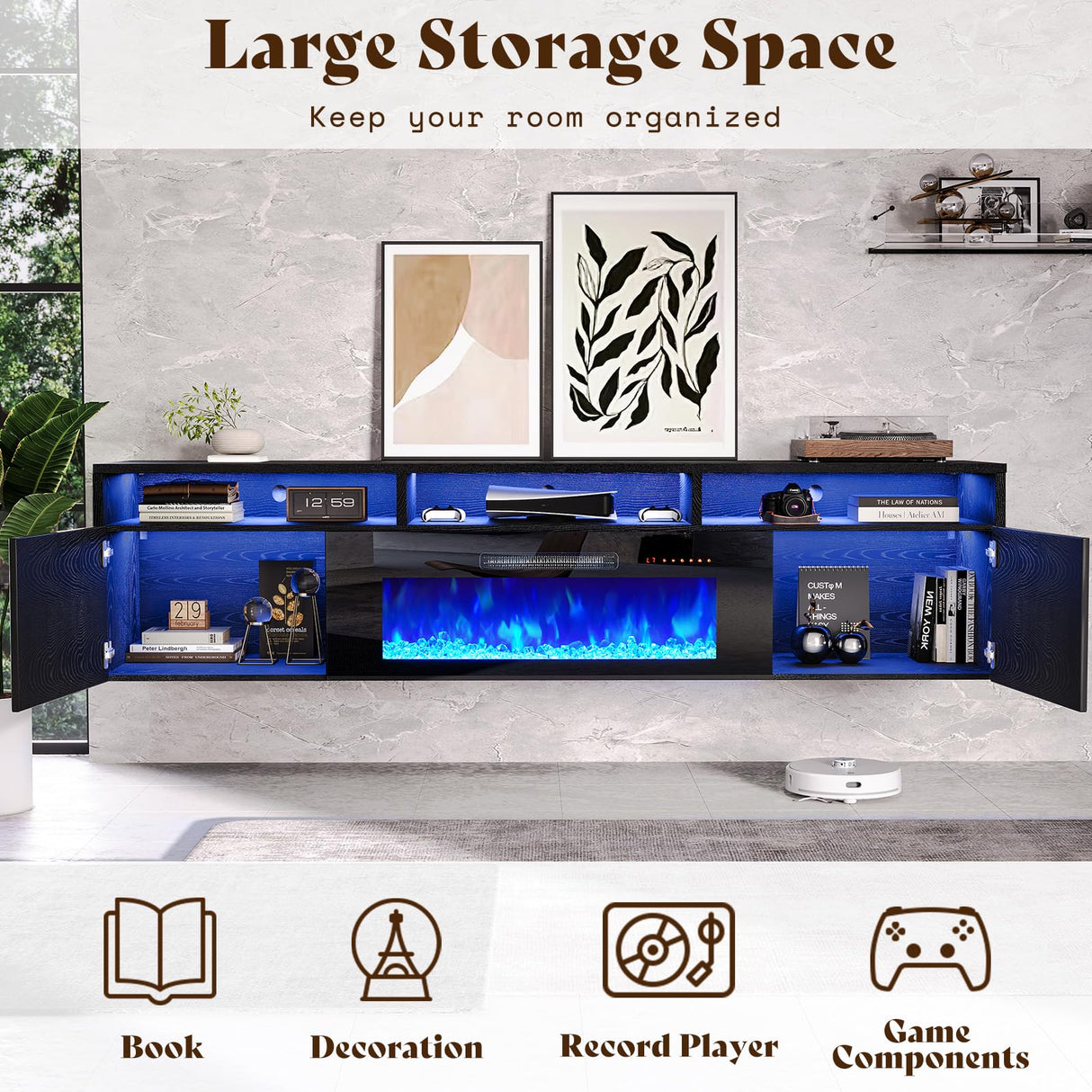 AMERLIFE Floating TV Stand with 40" Electric Fireplace, Modern Wall Mounted Entertainment Center with Storage, 80in Media Console with High Gloss Geometric Doors for TVs Up to 90", Black AMERLIFE