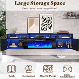AMERLIFE Floating TV Stand with 40" Electric Fireplace, Modern Wall Mounted Entertainment Center with Storage, 80in Media Console with High Gloss Geometric Doors for TVs Up to 90", Black AMERLIFE