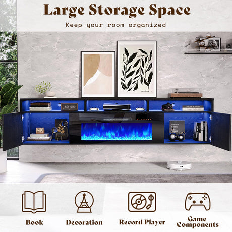 AMERLIFE Floating TV Stand with 40" Electric Fireplace, Modern Wall Mounted Entertainment Center with Storage, 80in Media Console with High Gloss Geometric Doors for TVs Up to 90", Black AMERLIFE