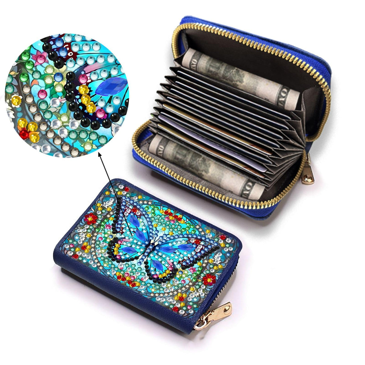 yzARTche Diamond Art Painting Credit Card Wallet, RFID Blocking Gem Art Leather Zipper Card Holder Wallet for Women-02-Blue Butterfly yzARTche