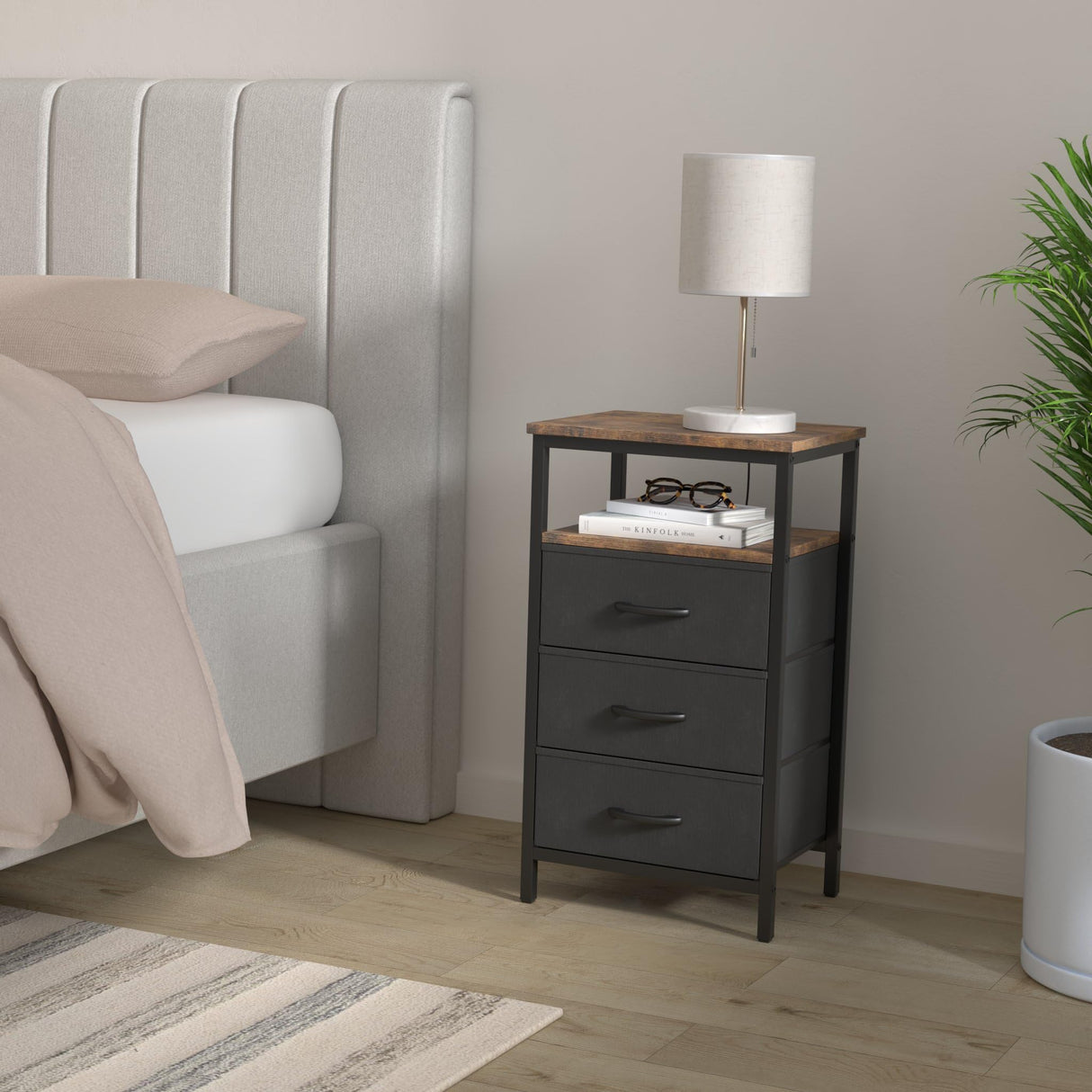 Huuger Nightstands Set of 2, 27.6 Inch End Tables with Charging Station, Fabric Drawers, Bedside Tables with USB-C Port and Outlet, Night Stands for Bedroom, Rustic Brown and Black Huuger