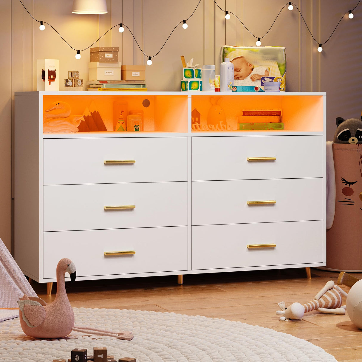 EnHomee Wooden Dresser for Bedroom with LED Lights, 47.3" W White Dresser for Bedroom, 6 Drawer Dresser TV Stand, Modern Dresser with Large Organizer for Bedroom, Living Room, Hallway, White EnHomee