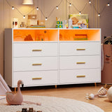 EnHomee Wooden Dresser for Bedroom with LED Lights, 47.3" W White Dresser for Bedroom, 6 Drawer Dresser TV Stand, Modern Dresser with Large Organizer for Bedroom, Living Room, Hallway, White EnHomee
