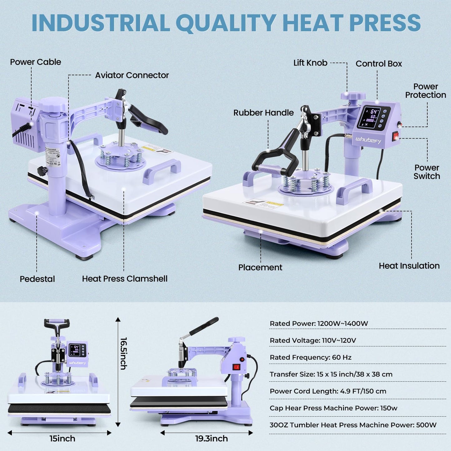 Whubefy Heat Press 15x15 inch 8 in 1 with 30OZ Tumbler Press, Slide Out 360° Swing Away Digital Shirt Press Machine, Industrial-Quality Heat Transfer Sublimation for T-Shirt/Tumbler/Mug/Hat/Cap/Plate