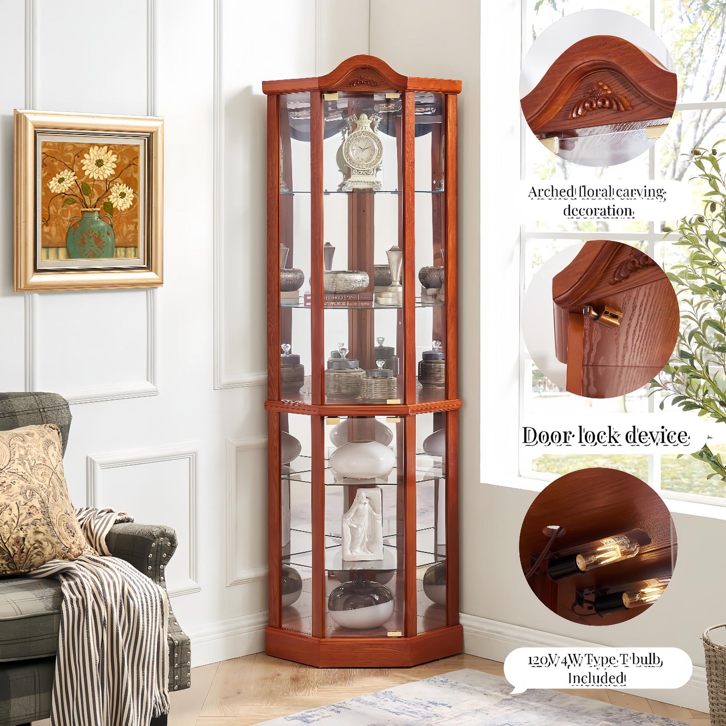 QSOSTNS Lighted Corner Display Curio Cabinet Curved Wood Corner Cabinet with Tempered Glass Doors and Shelves for Living Room (Oak)