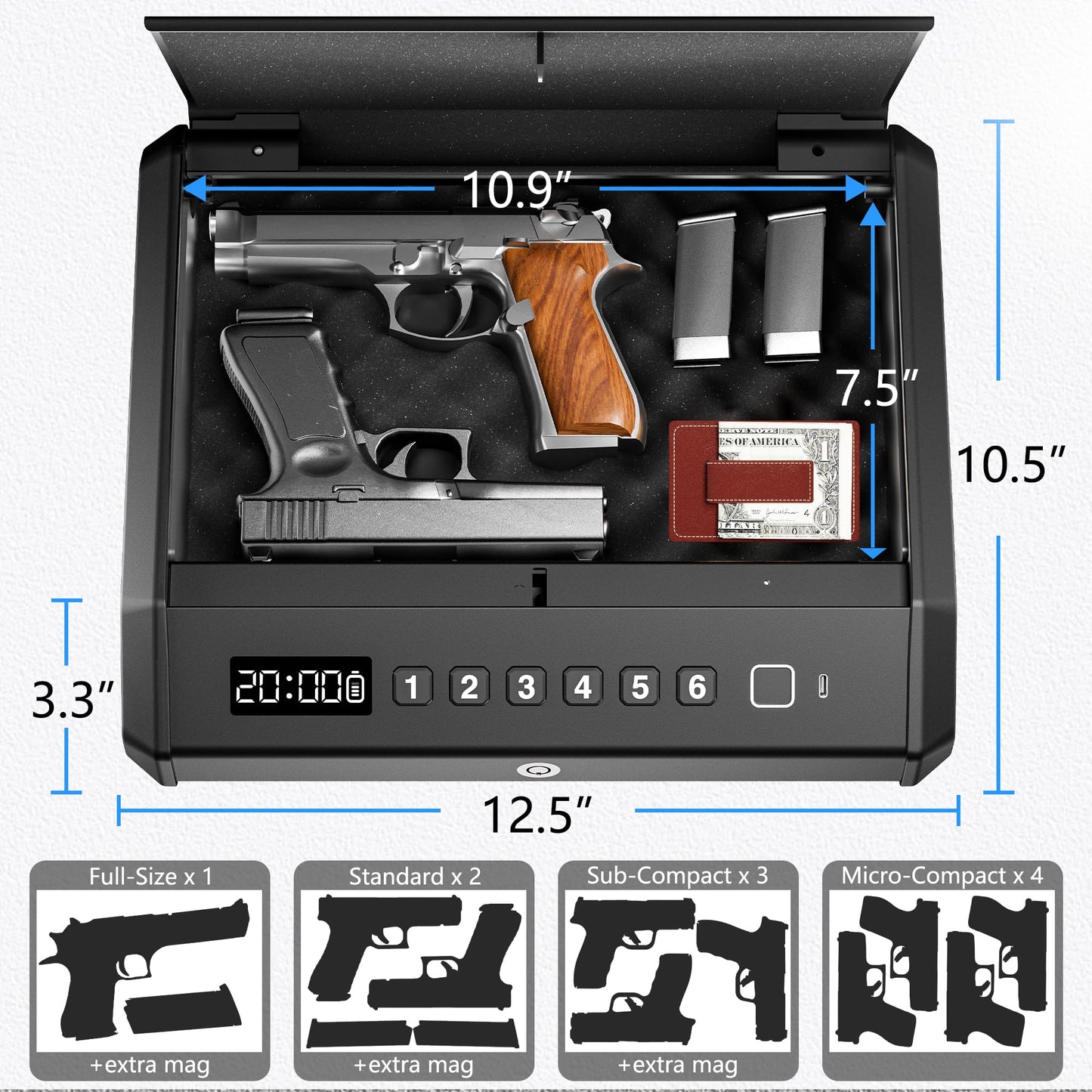 Large Gun Safe for 2-4 Pistols, Fingerprint Digital PIN Key Unlock with LCD Display & USB Port, 650 DPI Quick Access Biometric Handgun Safe, Hand Gun Lock Box for Home Drawer Car Bedside Nightstand