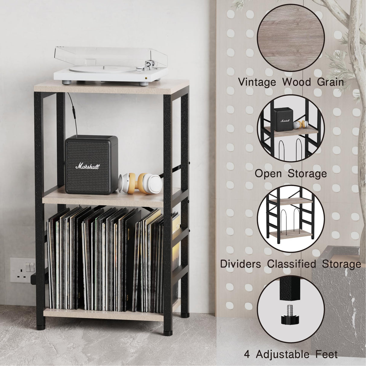 YAKANJ End Table with LED Light,Record Player Stand with Albums Storage,Vinyl Records Storage,Turntable Stand Side Table for Music Room Studio Living Room Bedroom-Greige YAKANJ