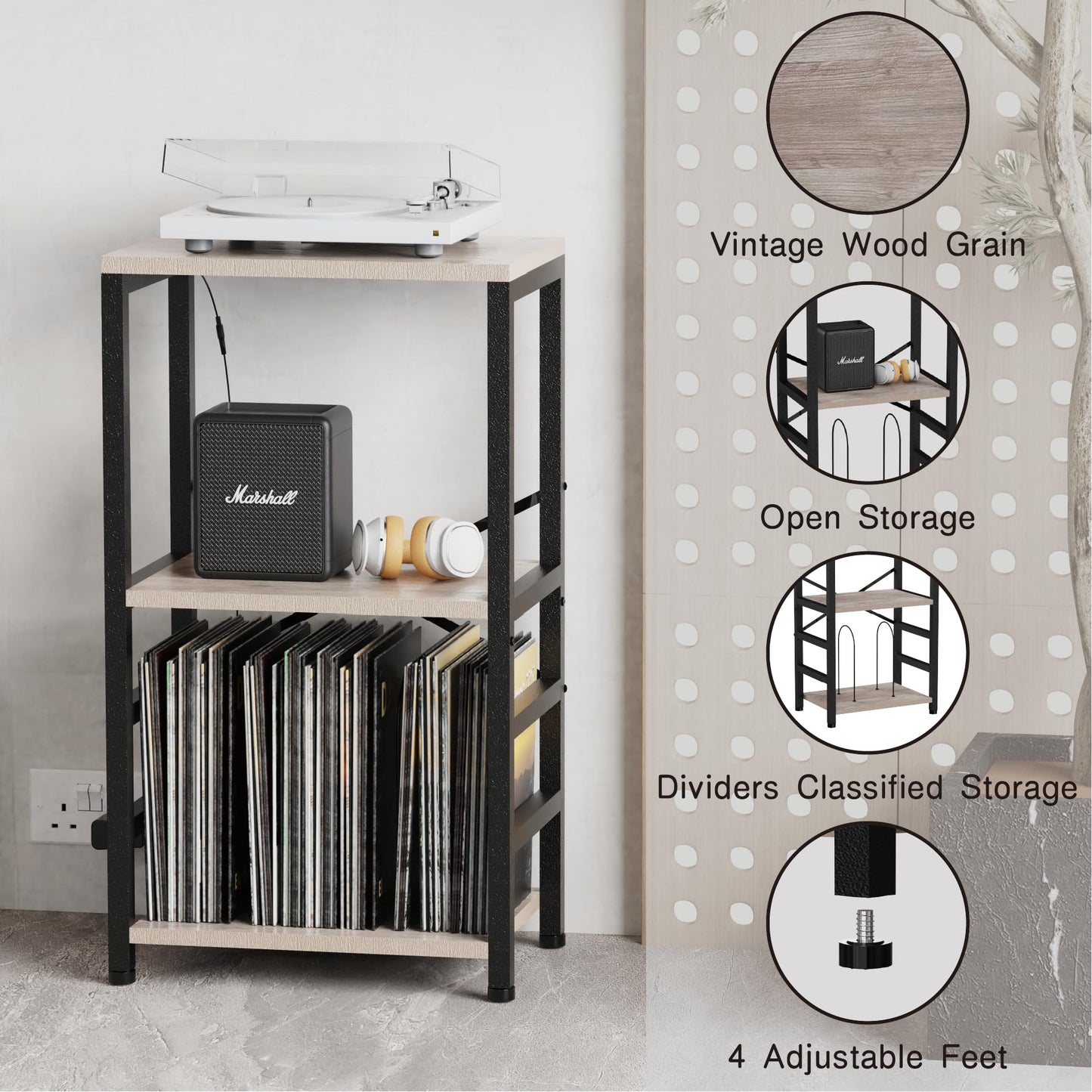 YAKANJ End Table with LED Light,Record Player Stand with Albums Storage,Vinyl Records Storage,Turntable Stand Side Table for Music Room Studio Living Room Bedroom-Greige