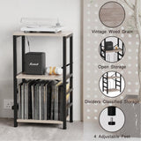 YAKANJ End Table with LED Light,Record Player Stand with Albums Storage,Vinyl Records Storage,Turntable Stand Side Table for Music Room Studio Living Room Bedroom-Greige YAKANJ