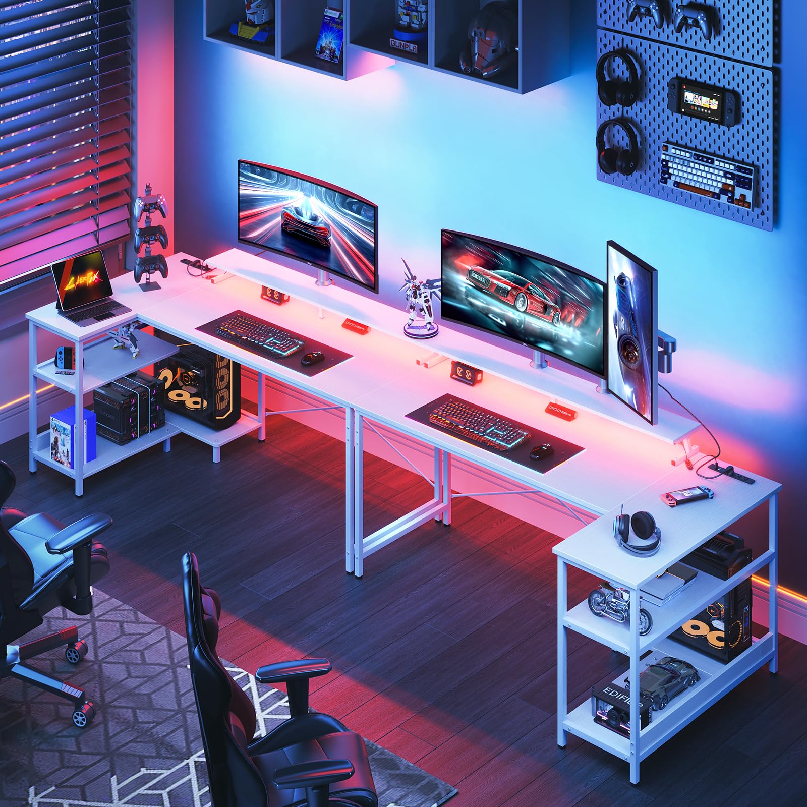 ODK 58 Inch L-Shaped Gaming Desk with LED Lights, USB Charging Ports, and Storage Solutions in Pure White - WoodArtSupply