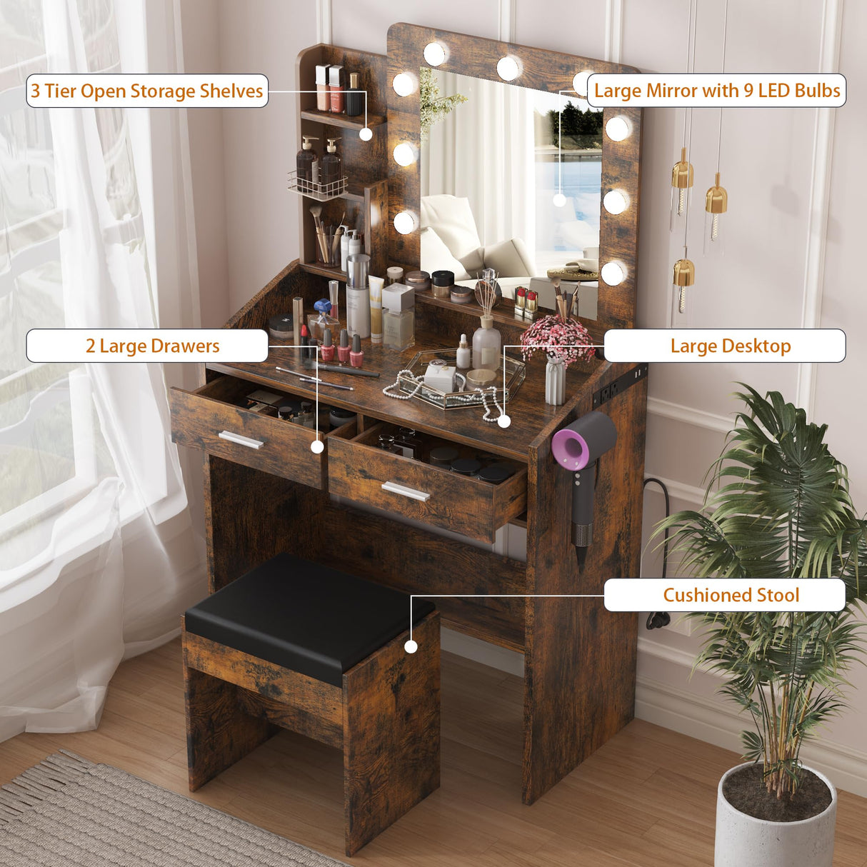 Garveehome Vanity Desk with Mirror and Lights, Makeup Vanity with Power Outlet & Cushioned Stool, 3 Lighting Modes Adjustable Brightness, Dressing Table with Hairdryer Holder for Bedroom, Rustic Brown GarveeHome