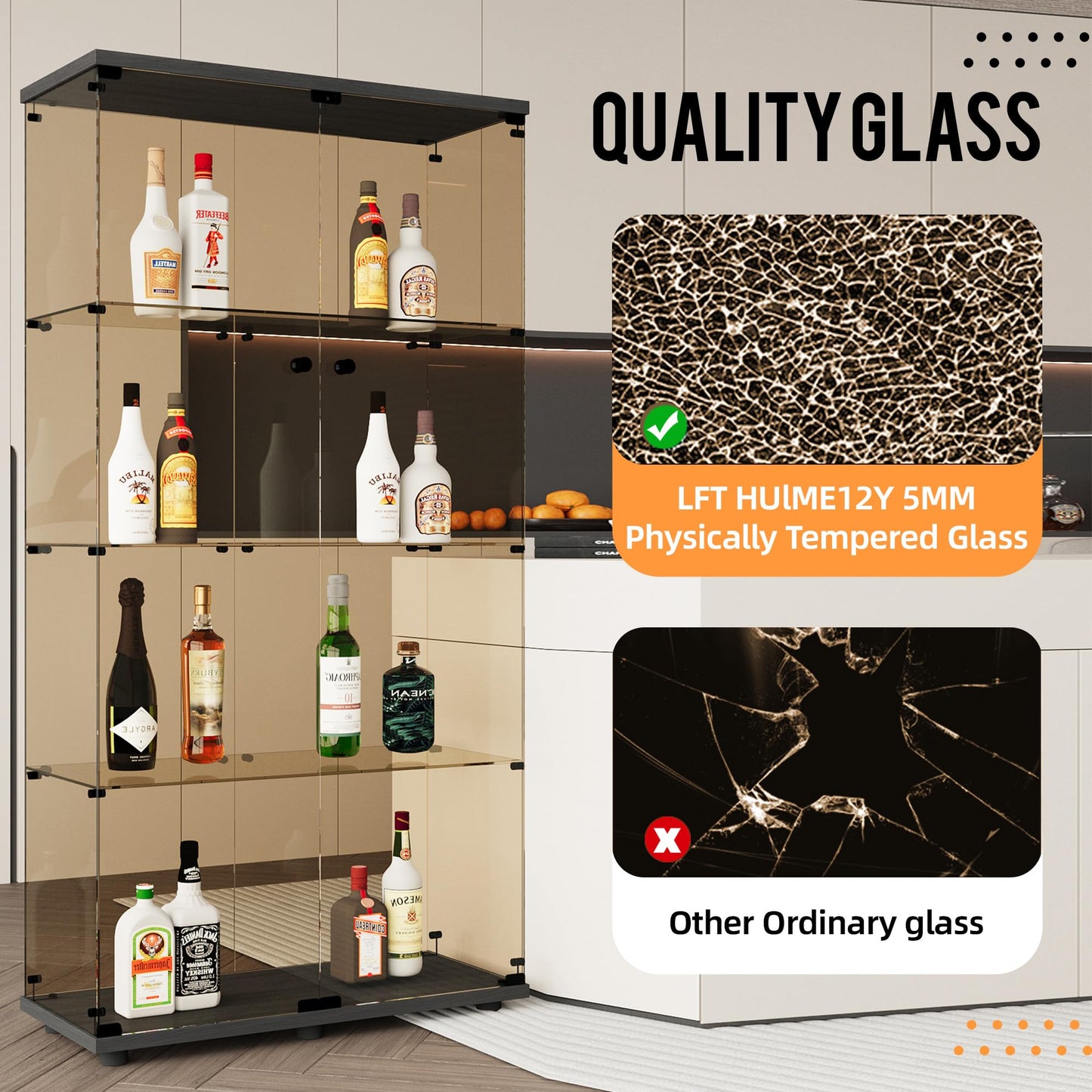 LFT HUIMEI2Y 4-Shelf Brown Glass Display Cabinet with Double Doors, Curio Cabinets Tempered Glass Floor Standing Bookshelf for Bedroom, Kitchen, Living Room 64”x 17”x 14.5” Black