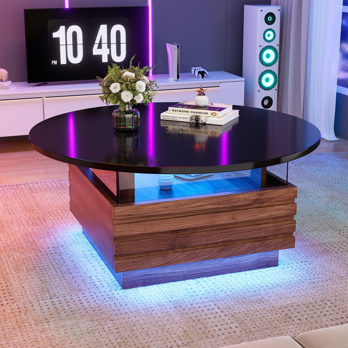 PAKASEPT 31.5" Black Round Coffee Table with LED Light, Modern LED Coffee Tables with 2 Sliding Drawers, Wood Center Table for Reception Home Dining Room PAKASEPT